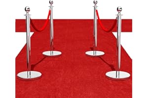 DANRELAX Stainless Steel Stanchion Post, 4 PCS 5FT Red Velvet Rope, Silver Stanchion Post with Ball Top, Hollow Base, Red Carpet Ropes and Poles, Crowd Control Barriers for Party
