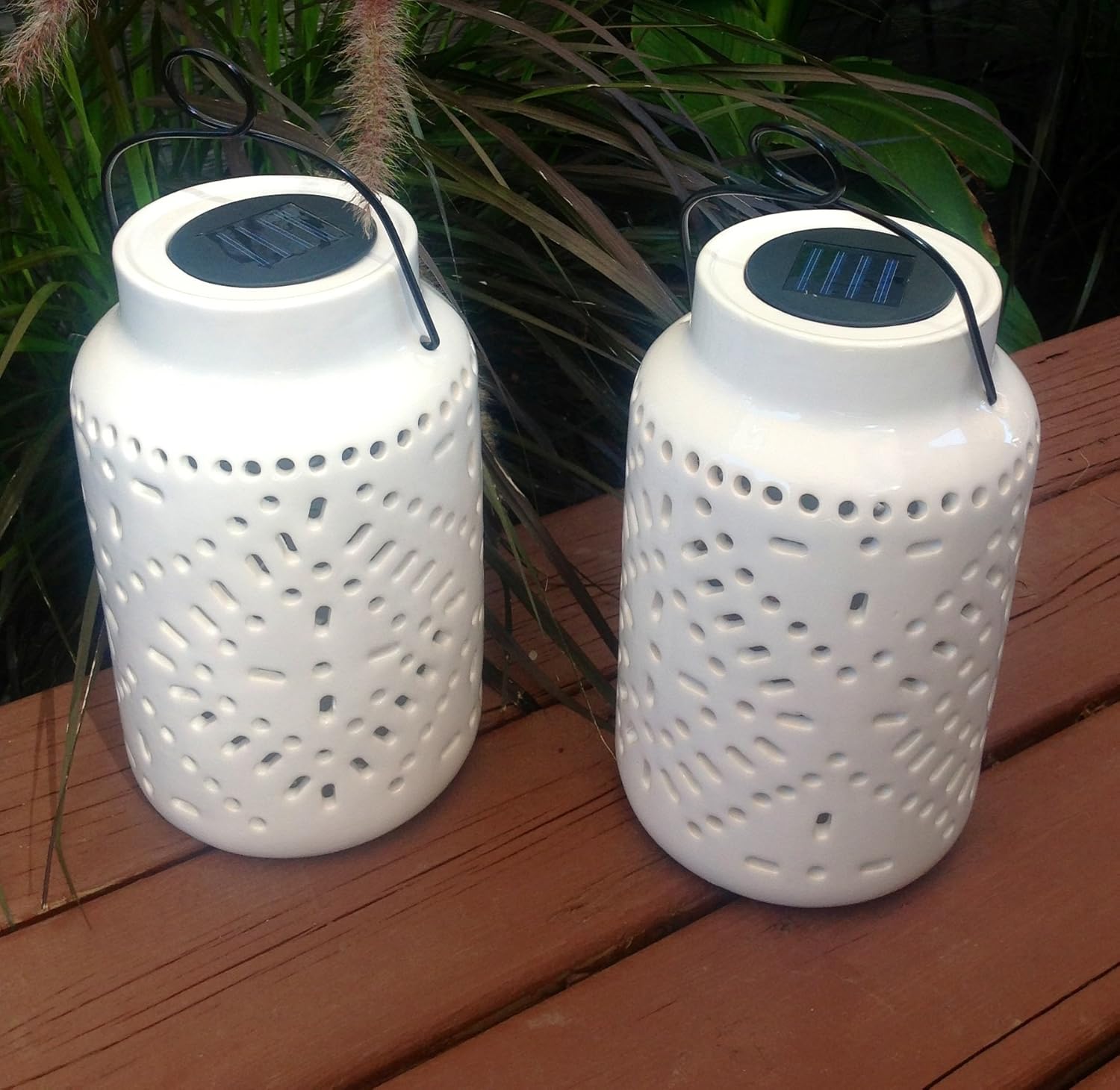 Set of 2 Outdoor Large Solar Ceramic Lanterns White Amazon.co.uk