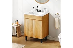 DWVO Natural Brown Bathroom Vanity with Undermount Ceramic Sink, 24 Inch Small Bathroom Sink Cabinet, Modern Bathroom Storge Vanity Includes Adjustable Legs, 2 Large Soft Closing Doors & Drain