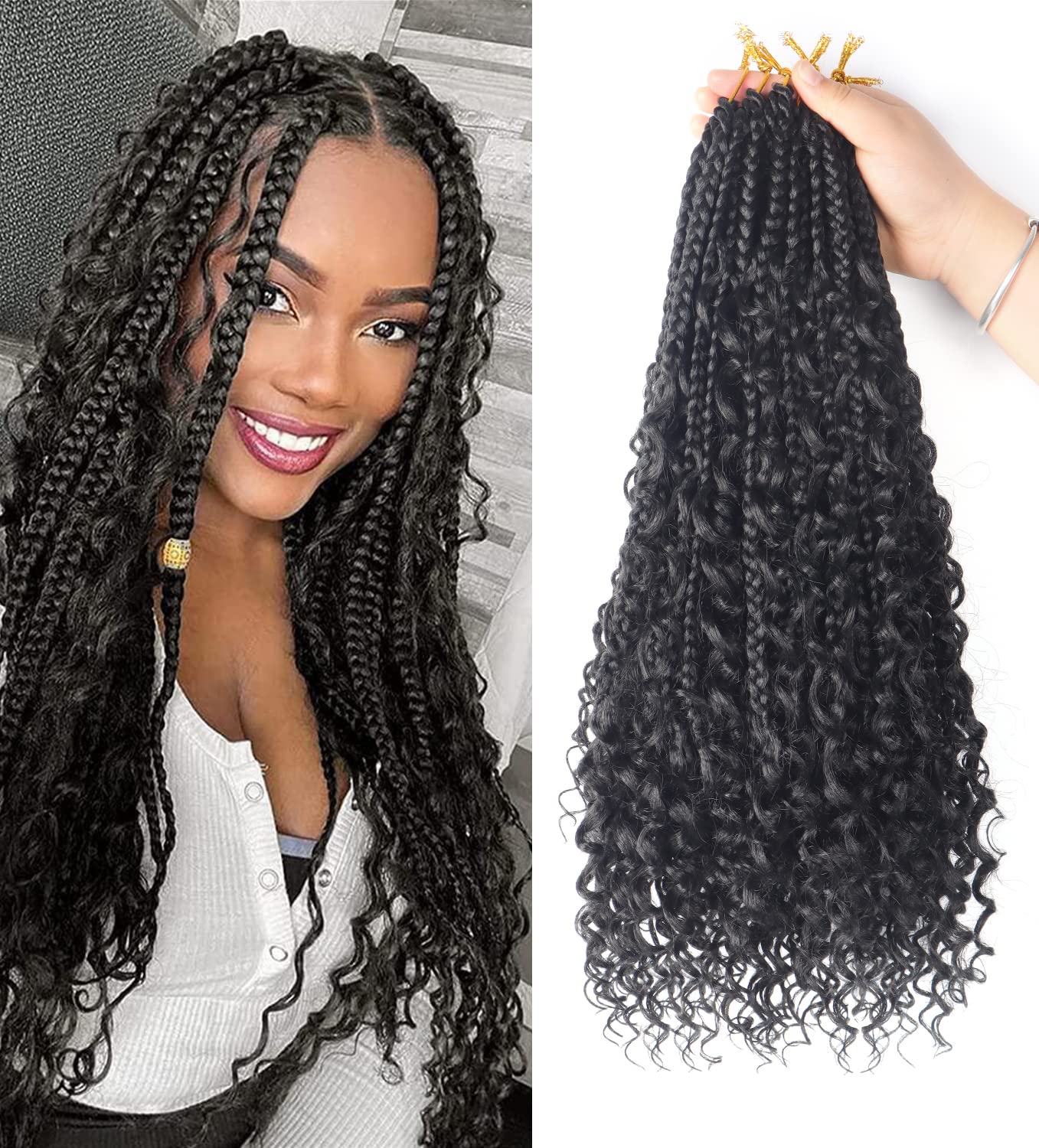 8Packs Goddess Box Braids Crochet Hair With Curly Ends 18 inch Pre-looped Bohomian Crochet Box Braids Synthetic Braiding Hair Extensions (18 Inch, 1B) — image 1