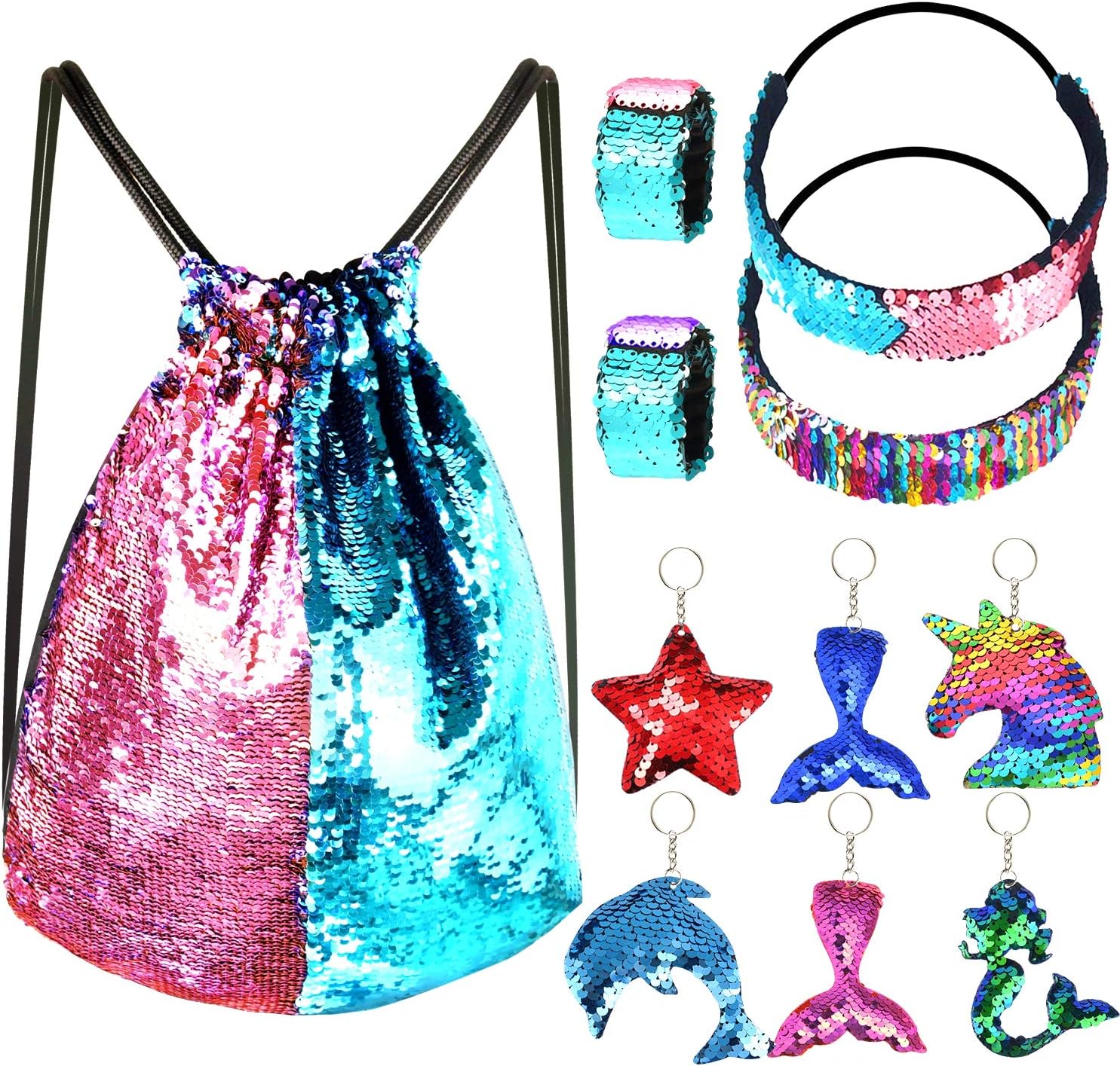 Mermaid Reversible Sequin Drawstring Backpack Bag with Wristband Bracelet Sequin Keychains, Glitter Sequin Bag for Kids Girls Birthday Party Favors Gifts