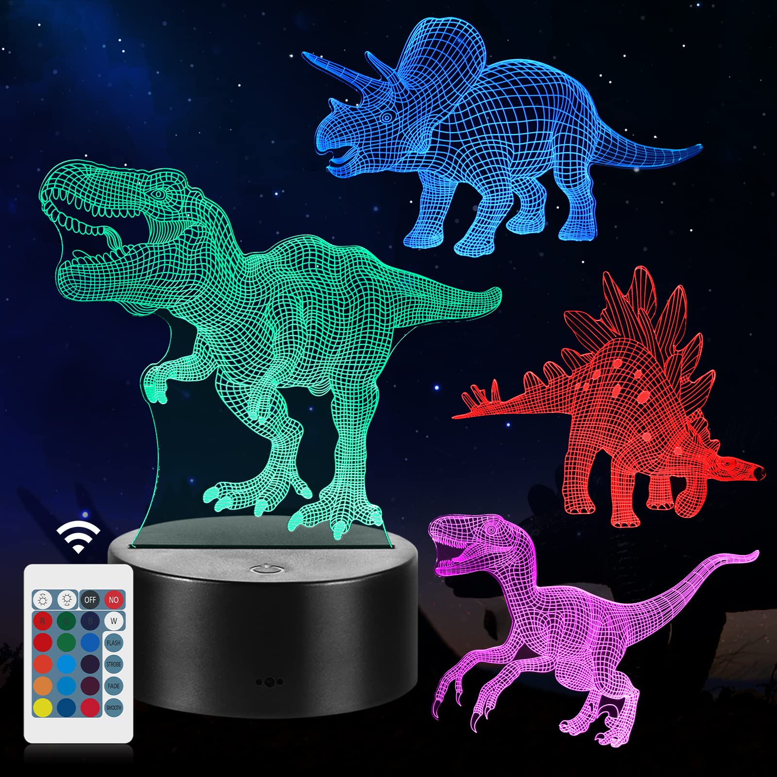 CENOVE 3D Night Light, Dinosaur Illusion LED Lamp Gifts for Boys Girls, 16 Colour Changes with Remote Control, Bedroom Decor Idea Creative Birthday Gift for Kids(4 PCS)
