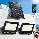 Solar Flood Lights Outdoor, Solar Lights with Dual LED Head & USB Output Charger, 15000LM 6500K Split Type Street Lights, Dusk to Dawn Outdoor Lighting for Yard Shed, Solar & Type-C Rechargeable
