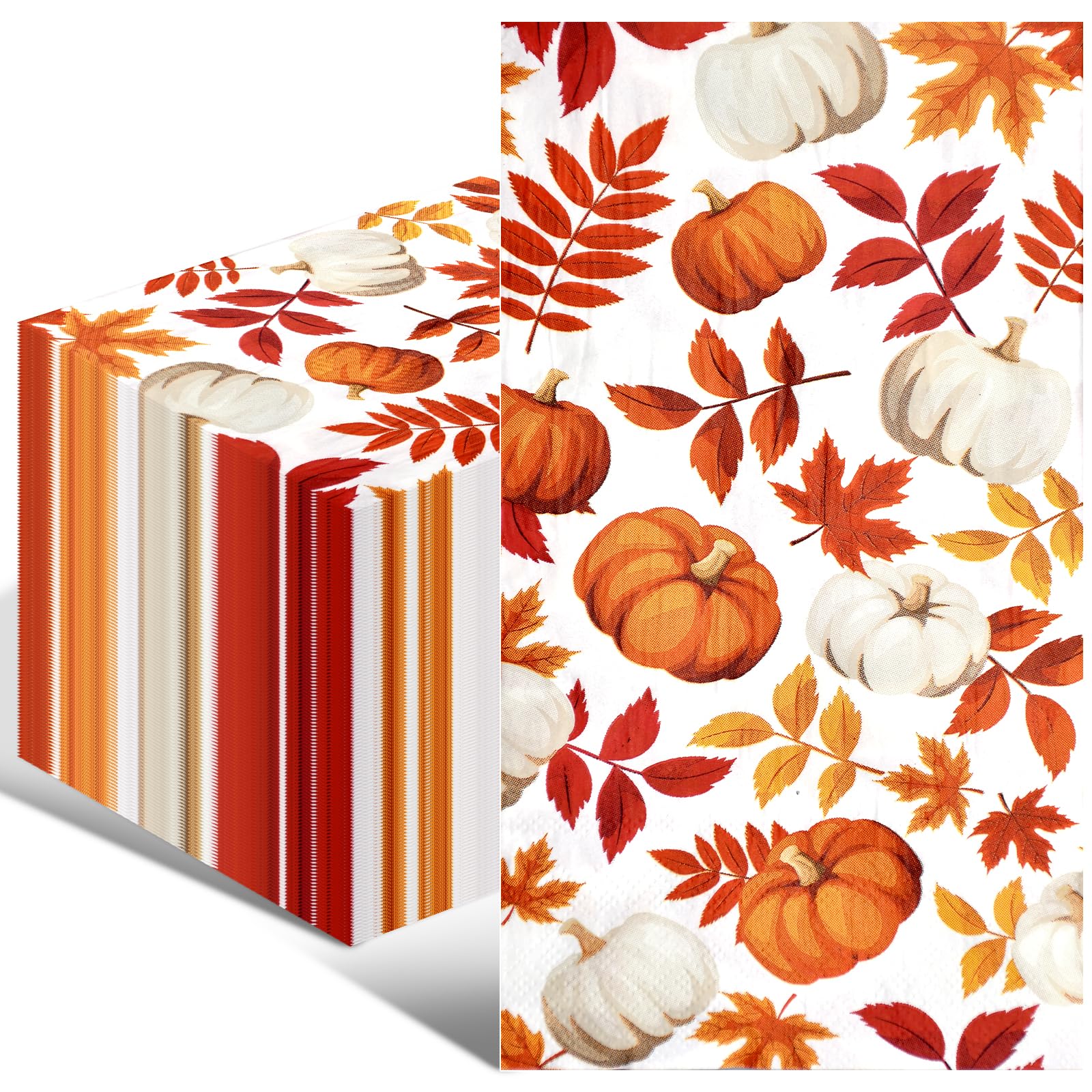Photo 1 of 100 Pack Fall Thanksgiving Paper Napkins - Disposable Pumpkin and Autumn Maple Leaves Pattern Serviettes Tableware Luncheon Cocktail Napkin Party Supplies for Holiday Dinner Decorations