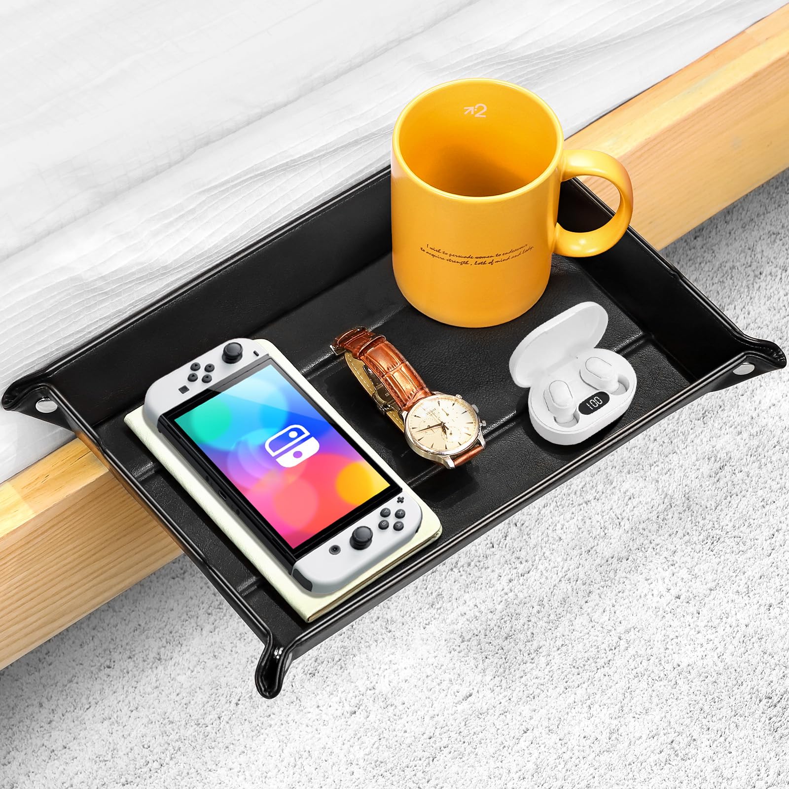 Photo 1 of GRDNON Bedside Shelf for Bed, Pu Leather ?Bed Tray for College Dorm Room Essentials for Girl & Guys, Shelf for Top Bunk, Clip on Nightstand Organizer Tray for Men & Women, (Lichee Pattern - Black)