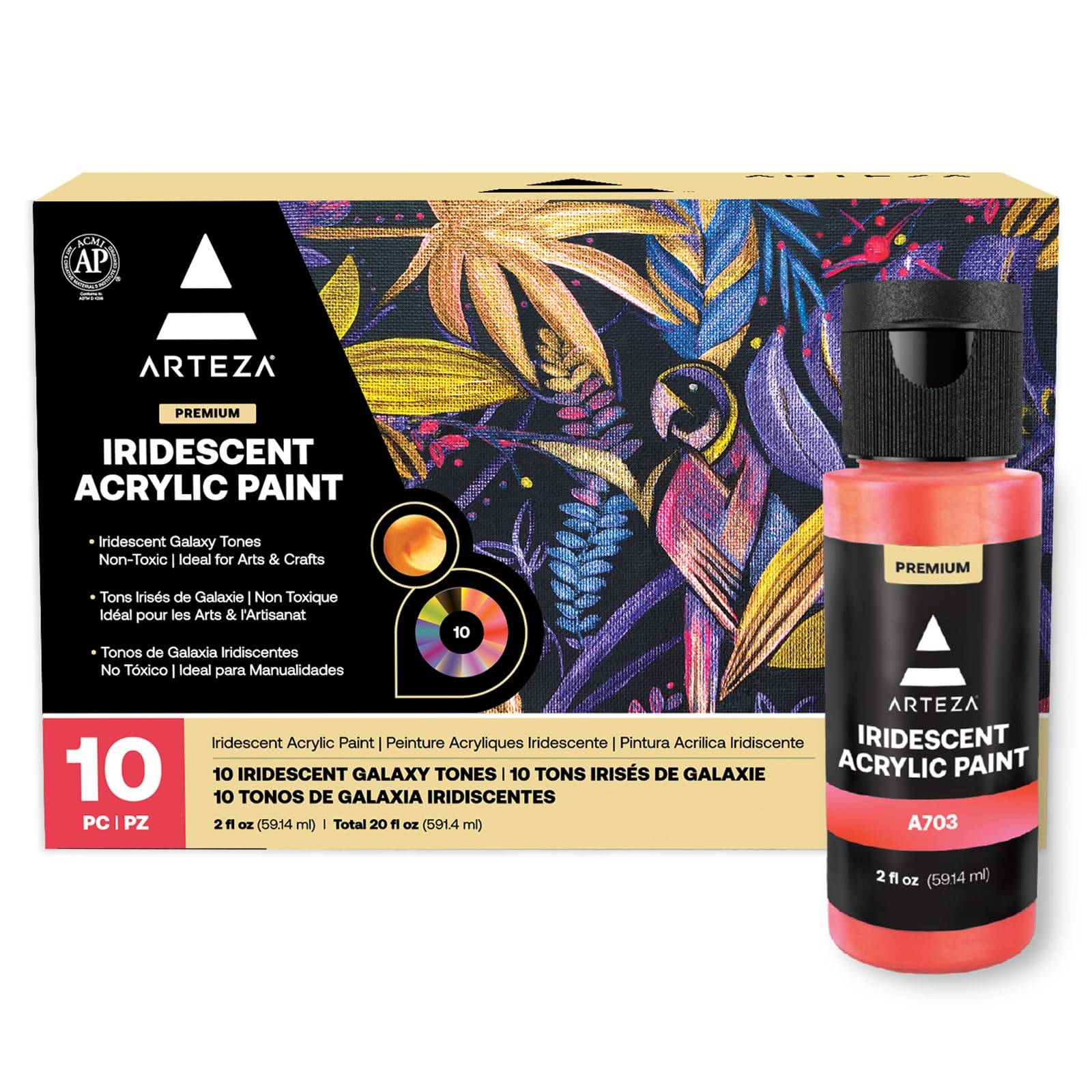 ARTEZA Iridescent Acrylic Paint Set, 60 Milliliter Bottles, 10 Chameleon Colors, High Viscosity Shimmer Paint, Water-Based, Blendable