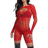 Mingnos Long Sleeve Sexy Fishnet Jumpsuit for Women See Through Festival Outfits Mesh Rave Bodysuit Tops