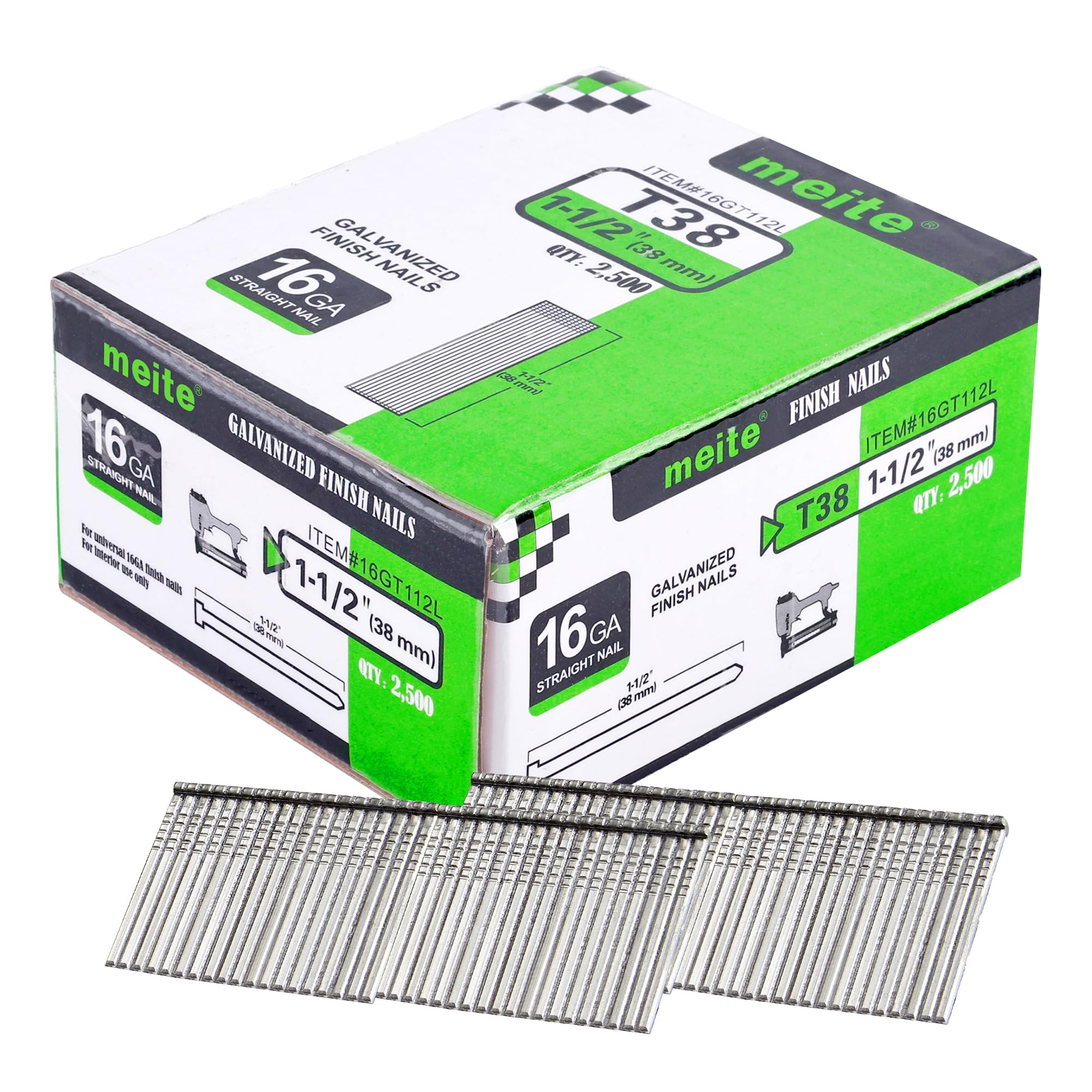 meite T38 16 Gauge Finish Nails, 38 mm 16GA Straight Finish Nails Galvanized Finishing Nail for Nailer Guns - Ideal for Woodworking, Upholstery, and Framing Projects (2,500 Counts)
