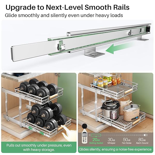 PULL OUT CABINET ORGANIZER, 2 TIERS 23″W X 21″D, HEAVY DUTY SMOOTH SLIDING UNDER CABINET SHELVES FOR POTS AND PANS, FULL-EXTENSION ROLL OUT DRAWERS, SLIDE OUT ORGANIZATION FOR HOME KITCHEN PANTRY
