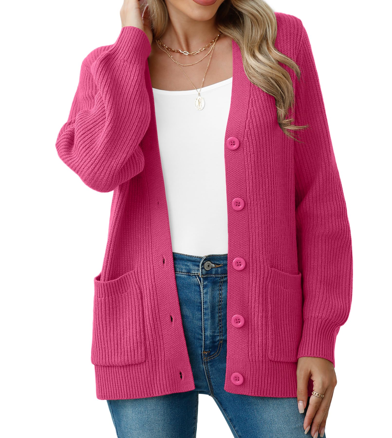 VIISHOW Open Front Cardigan Sweaters for Women Trendy Button Down Lightweight Pocketed Chunky Knit Sweater Cream Cardigans,Rose Red,Small Image