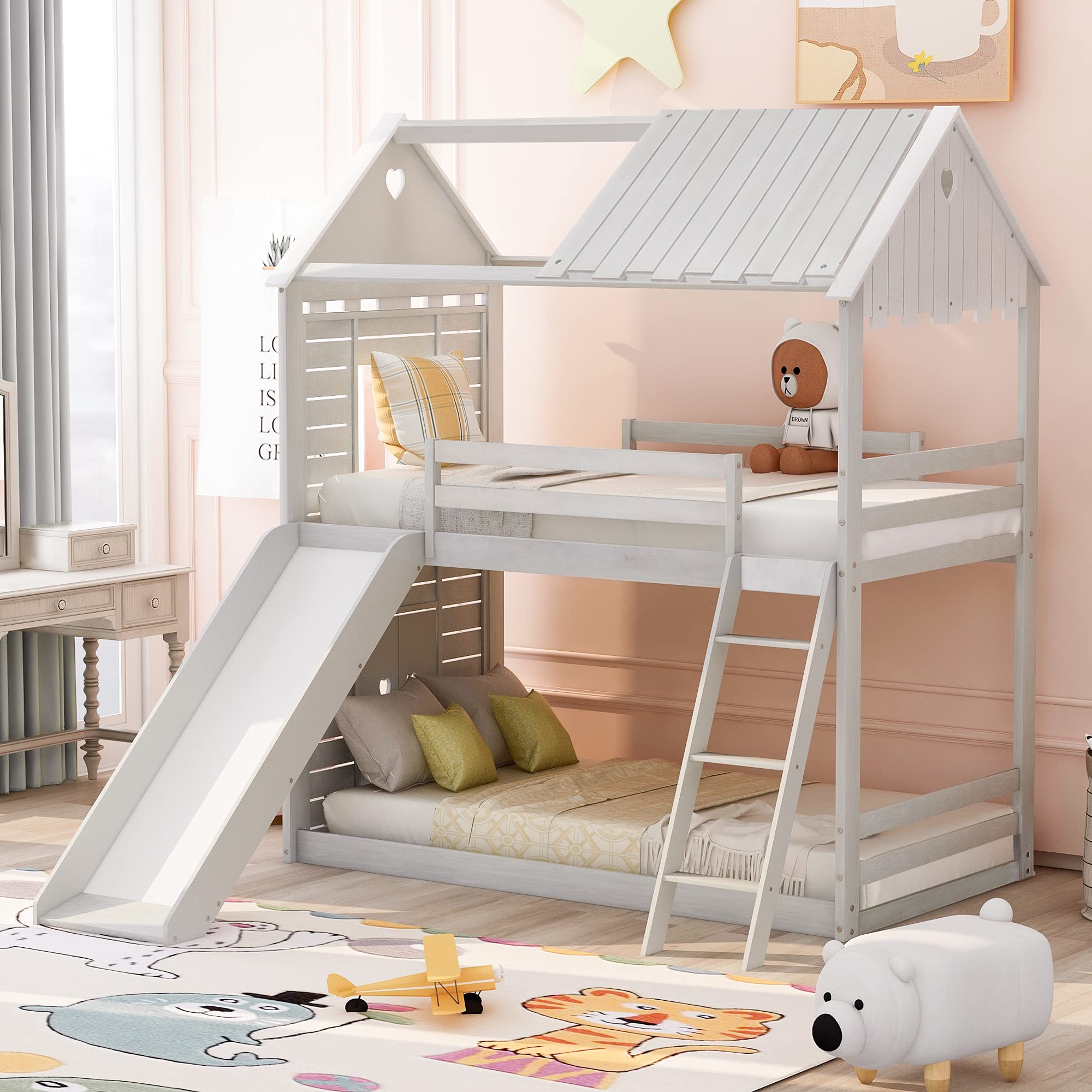 Buy Bunk Bed for Kids Toddlers, Twin Over Twin Bunk Bed with Slide