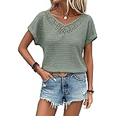 Dokotoo Women's Casual 2026 Waffle Knit Hollow Out Lace Tops Short Sleeve V Neck Loose Fit Shirts Blouses