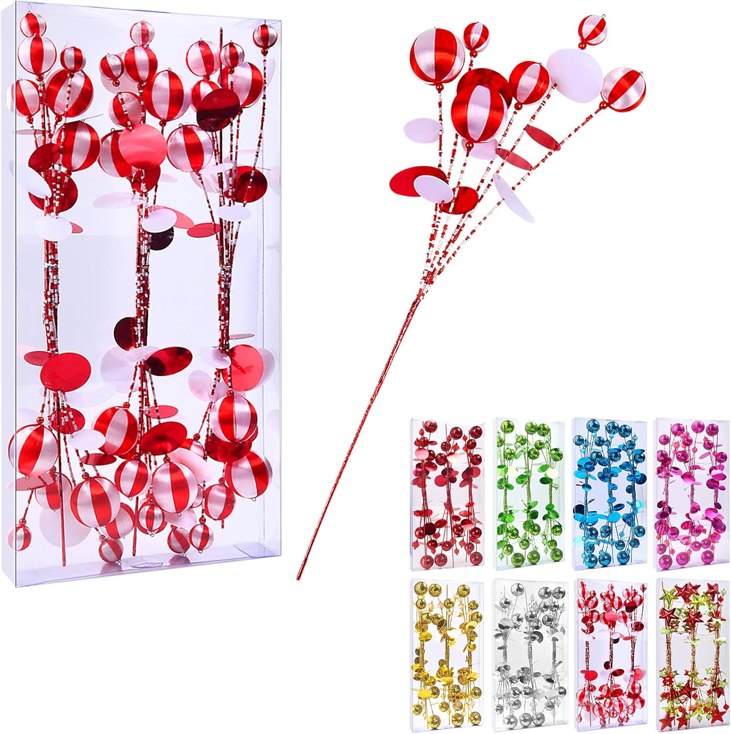 Tree Toppers - 17”Red White Set 6pc Christmas Tree Decorations Beads Sequin Ball Pick,Christmas Tree Topper Star Home Vase Ornaments Office Party Decorations Gifts