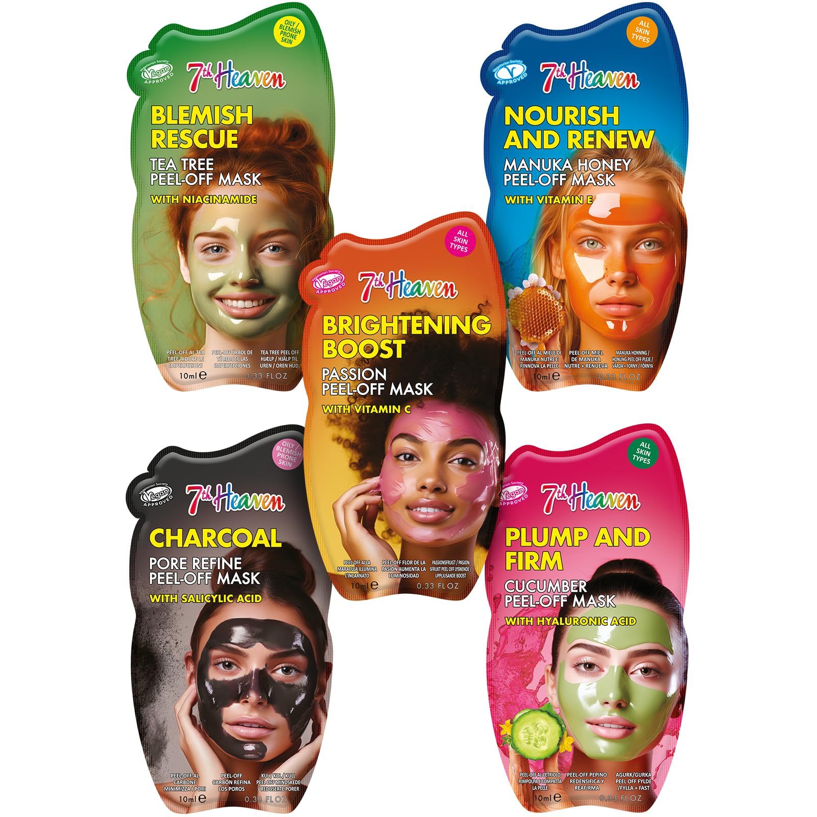 7th Heaven Face Mask Multipack – Pack of 5 Peel-Off Masks with Salicylic Acid, Vitamin C, Hyaluronic Acid, Tea Tree & Vitamin E– Cleansing, Brightening & Hydrating Skincare – Cruelty-Free Skincare