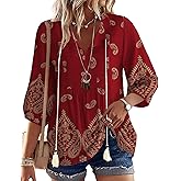Rapbin Women Summer Boho Tops 3/4 Sleeve Pleated Blouses Casual V Neck Tie Front Spring Tunic Tops