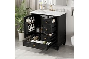 Harper & Bright Designs 30" Bathroom Vanity with Sink, Free Standing Single Basin Vanity Set with One Door and Three Drawers, Solid Wood Storage Cabinet with Ceramic Basin for Bathroom, Black