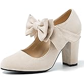 MAIERNISI JESSI Women's Mary Jane Pumps with Bow, 3.54 Inch Chunky Heel, Round Closed Toe Dress Shoes