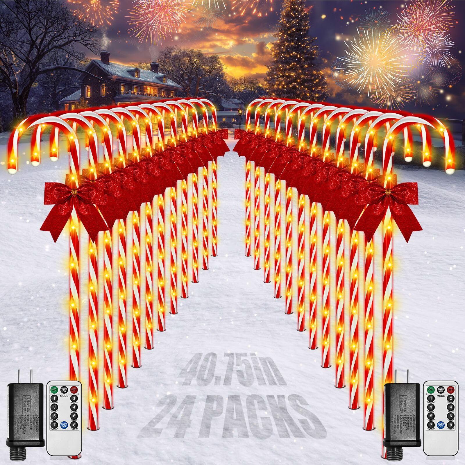 Photo 1 of Christmas Candy Cane Pathway Lights, 24PCS 240 LED Christmas Lights Outdoor Decorations with Red Bow Waterproof, 8 Modes Timer Remote Walkway for Xmas Home Yard Lawn Patio Decor
