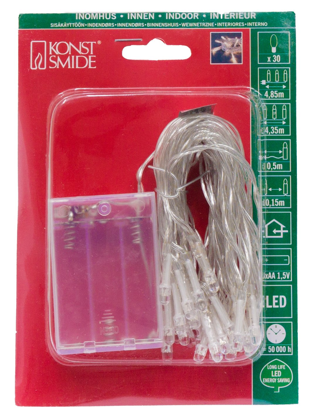 Konstsmide Christmas Lights/Indoor Use (IP20) Battery Fairy Lights/Battery Operated: 3xAA 1.5V (excl.)/6 Hour Optional Timer/30 Red Diodes/Transparent Cable Battery Lights