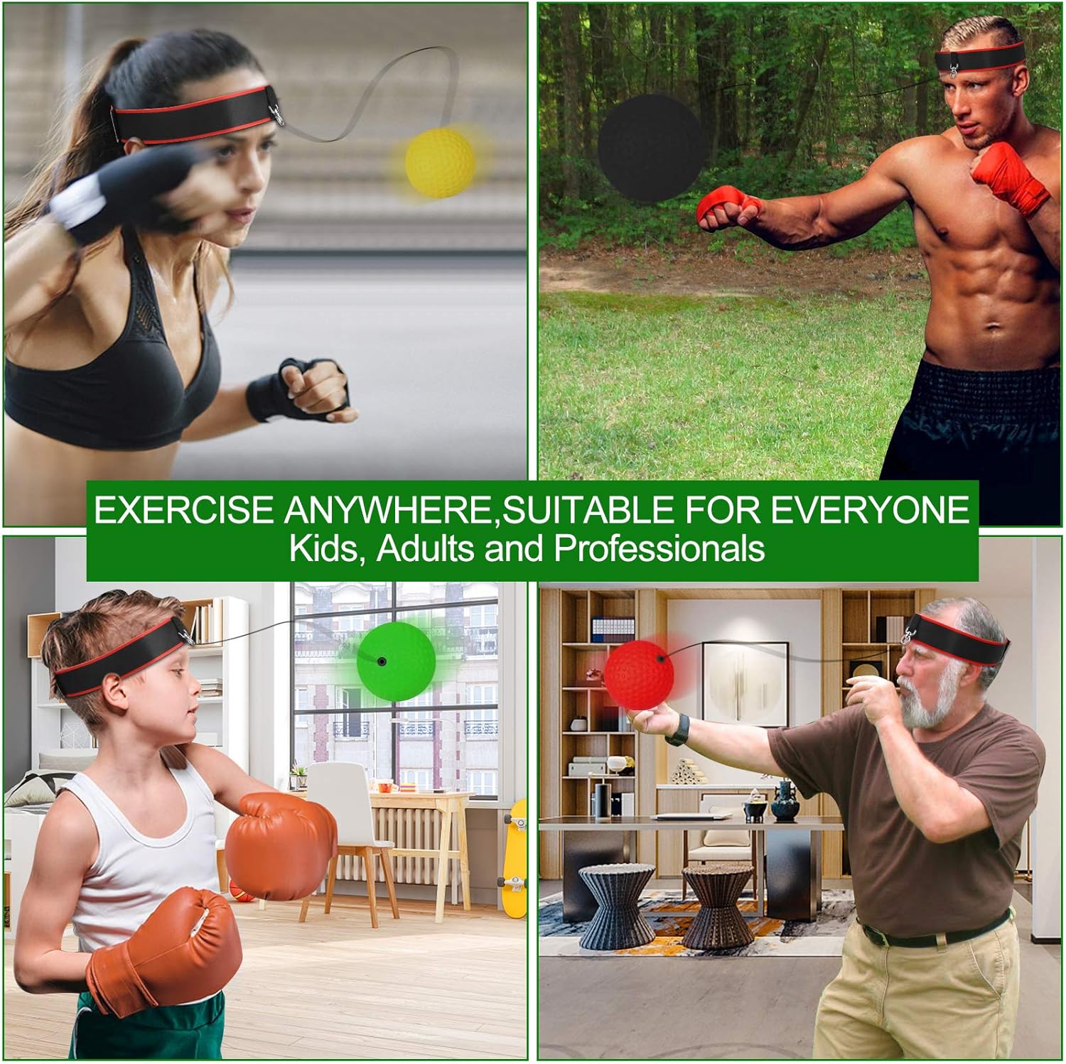 EEEKit Boxing Reflex Ball Set, 4 React Reflex Balls with 2 Adjustable Headbands, 3 Difficulty Levels Punching Balls for Hand Eye Coordination Tranining, Punching Speed, Fight Reaction : Sports & Outdoors