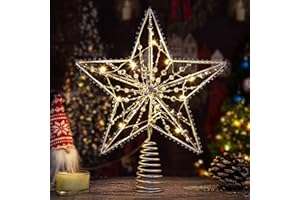DDCAFOR Christmas Tree Star Topper with 10 Warm Lights Silver Beads Christmas Tree Topper for Holiday Christmas Tree Decorations Indoor Home Decor Regular Size Star Tree Topper Battery Powered