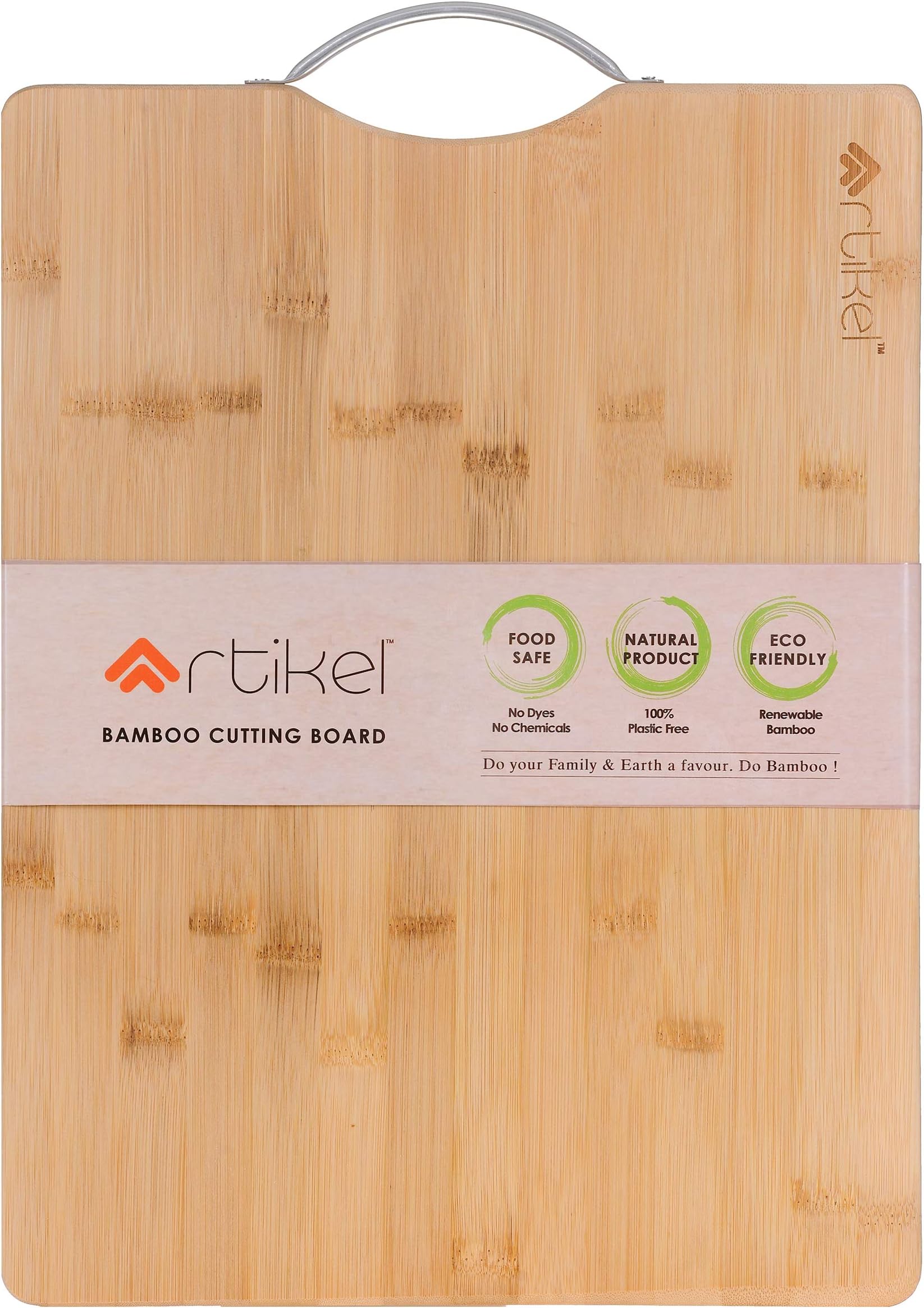 ARTIKELBamboo Cutting Board | Practical Handmade Design with Stainless Steel Handle | Chopping, Dicing & Mincing | Extra Thick | Medium + | 36 cm x 26 cm x 2 cm