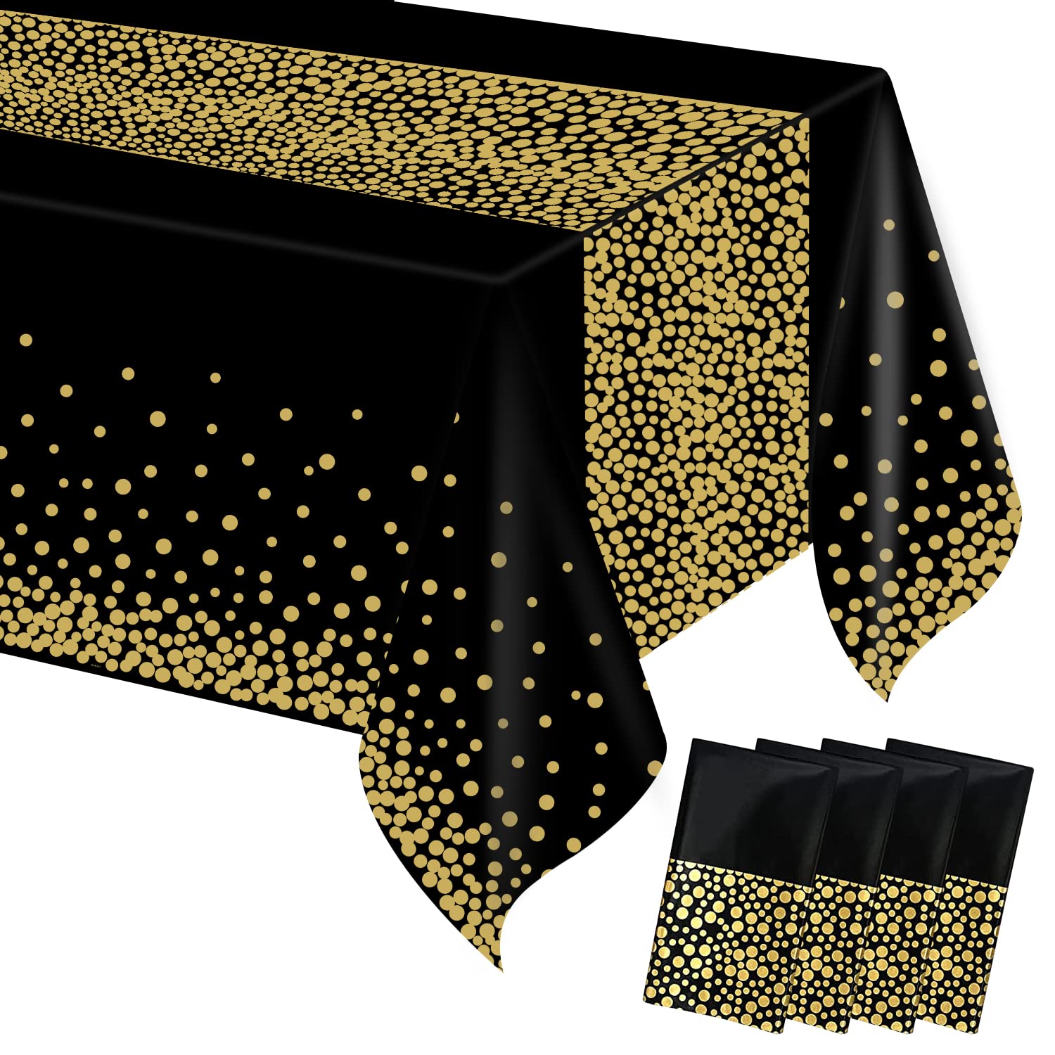 MOKANI Plastic Disposable Tablecloths, 4 Pack Party Table Cover, Black and Gold Dot Confetti Rectangular Table Cloths for Parties, Halloween, Christmas, Birthday Baby Shower Decorations 54"x 108"