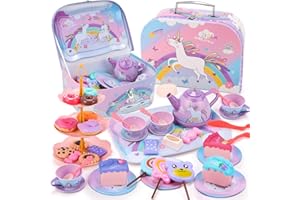 QIZEBABY Tea Party Set for Girls,Kids Tin Tea Set Including Teapots & Teacups & Dishes & Dessert & Icecream,Princess Pretend 