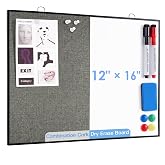 ARCOBIS Dry Erase Linen Board for Wall | 12"X16" Small Cork Board White Board Combo, Double-Sided Magnetic Bulletin Board, Vision Board for Home, Office, School, Grey