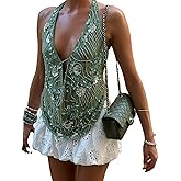 ensswliz Women Sparkly Sequins Halter Neck Tank Top Sexy Deep V Neck Tie Backless Vests Summer Camisole for Club Party