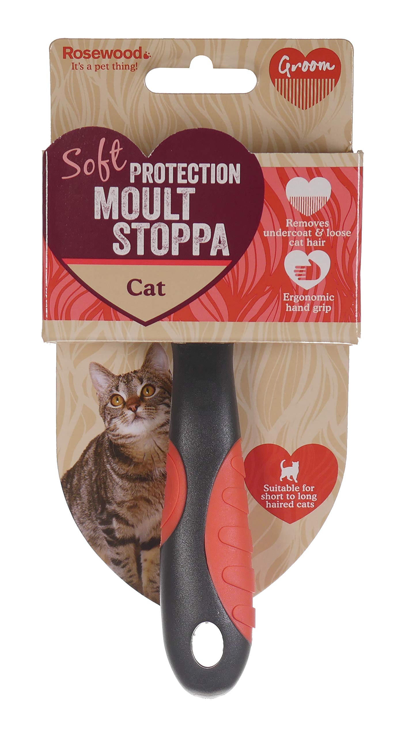 Rosewood Soft Protection Moult Stoppa Cat Brush, Gentle De-shedding Brush for Cats with Ergonomic Hand Grip, Reduces Hairballs, Stops Moult, Prevents Mats