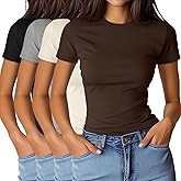 Ficerd 4 Pack Women's Basic Short Sleeve Shirts Slim Fitted Crew Neck Tees Casual Cotton Blend Summer Tops