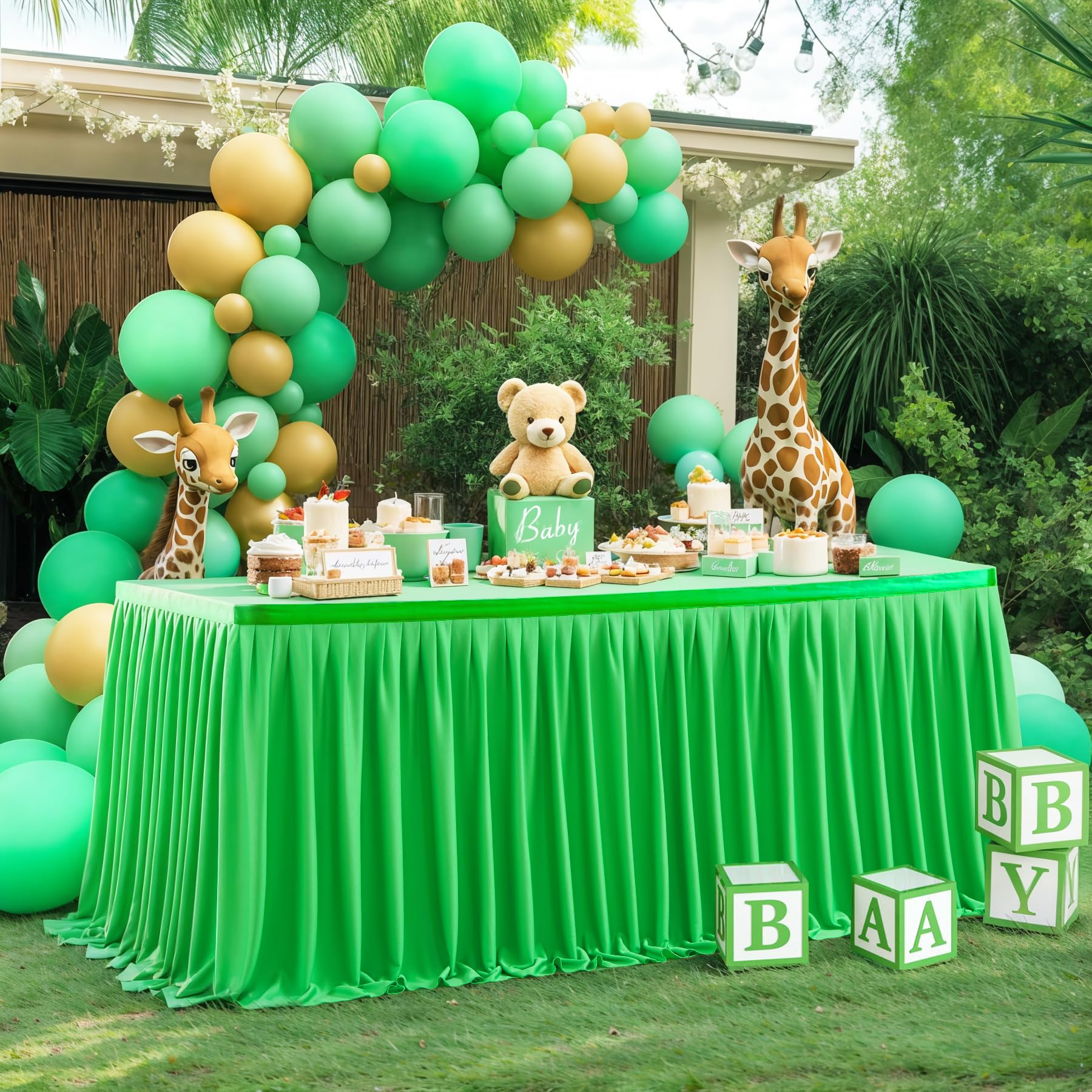 Photo 1 of Partisky Green Polyester Table Skirt for Rectangle Tables 9ft, Wrinkle Resistant Pleated Ruffle Table Cloth for Banquet Wedding Trade Baby Shower Display Gift Dining Table