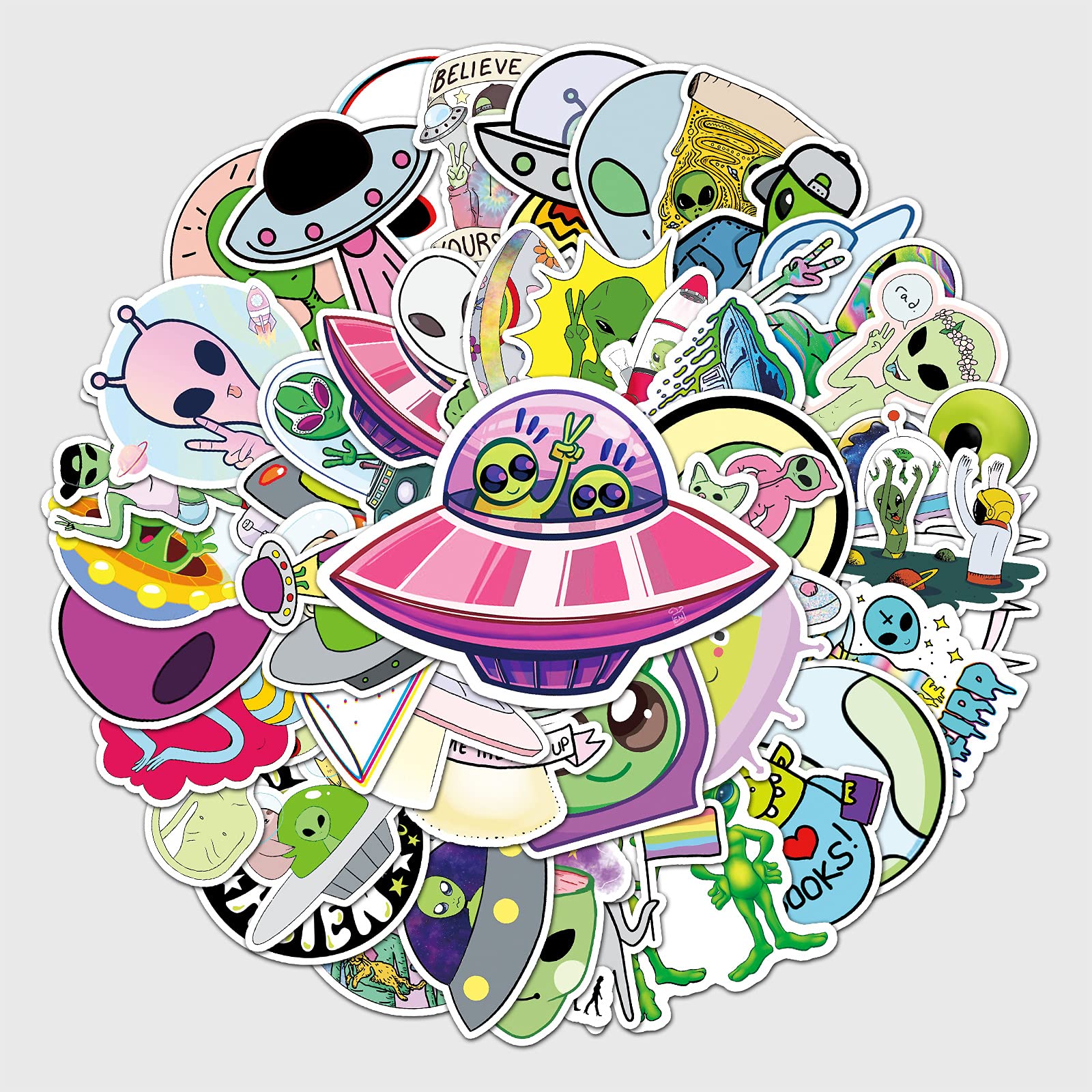 Alien Stickers 50 Pcs Space UFO Stickers for Laptop Skateboard Car Bike Water Bottle Hydro flask Scrapbook Bumper Luggage,Cool Cartoon Waterproof Stickers for Kids Teens