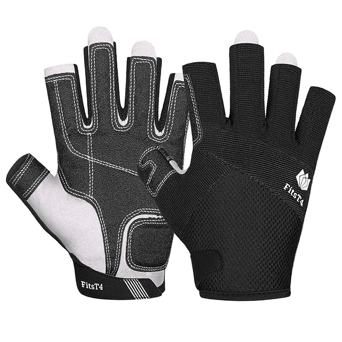 FitsT4 Kayaking Gloves 3/4 Finger Padded Palm Mesh Back for Comfort