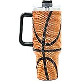 SEM LIFE 40 Oz Rhinestone Bling Tumbler with Handle and Straw (BASKETBALL), Stainless Steel and Double Wall Insulated; Good for Sports Fan, Coaches, Athletes, Travel Team Moms, Gifts
