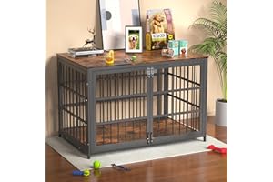 IRONOVACAGE Heave Duty Dog Crate Furniture, Various Sizes & Colors Optional, Indestructible Cage for High Anxiety Dogs with Wooden Table for Indoor Decorative, Escape-Proof Locks & Double Door for Large XL Dogs