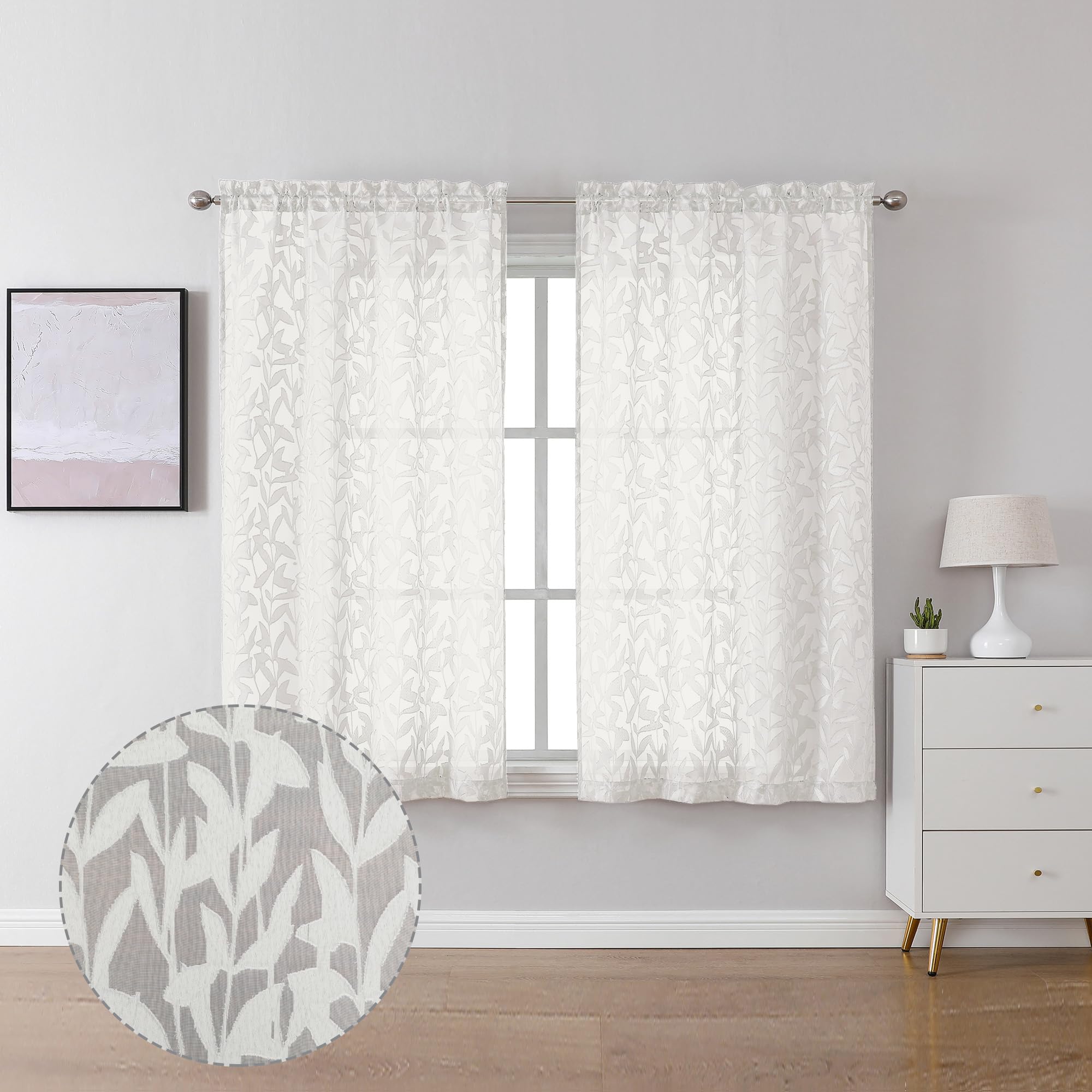 Photo 1 of Lecloud Leia Jacquard Textured Ivory Semi Sheer Curtain 45 Inch Length, Balance Light & Privacy Clip Leaf Voile Curtain for Living Room, Dual Rod Pockets Bedroom Short Drape, 40 W x 45 L