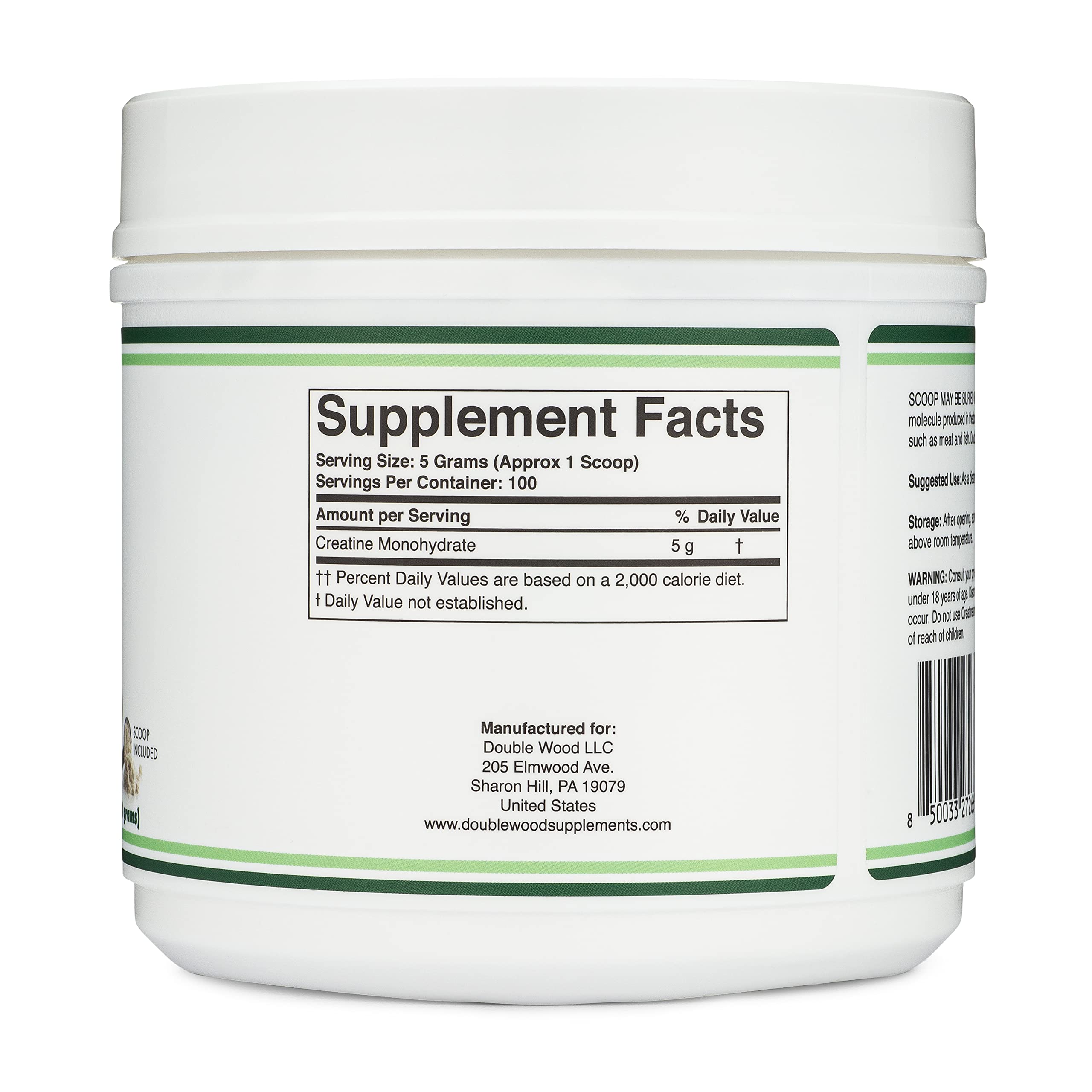 Creatine Monohydrate Powder 1.1lbs (100 Servings of 5 Grams Each) - No Fillers, Vegan Safe, Non-GMO, Gluten Free by Double Wood