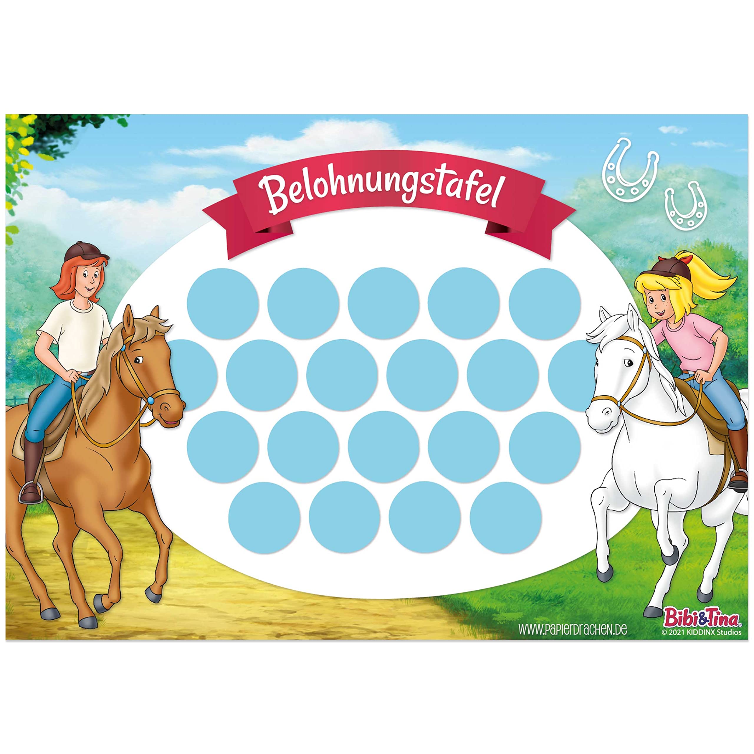 Papierdrachen Reward board set for children as tear-off pad, 10 sheets, motivational concept as training aid, with great stickers for boys and girls, motif Bibi and Tina set 3