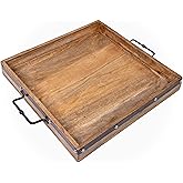 20"x20" Extra Large Square Ottoman Tray, Heavy Duty Mango Wood, for Serving Tea, Breakfast in Bed, Living Room Large Coffee Table Tray Rustic with Farmhouse Style, Decorative Handles and Accent Strap