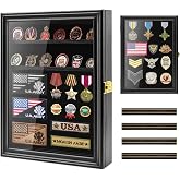 Challenge Coin Display Case, 5-Row Military Coin Holder Display Cabinet Holds Up to 70 Coins, Lockable UV Acrylic Door, Removable Shelves, Pinnable Velvet-Lined EVA Backing, Wall-Mounted Shadow Box