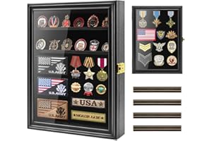 PiaoHao Medals Display Case Wall Frame for Collector, Military Challenge Coins Holder, Pins, Lockable Shadow Box with Removable Shelves, Black