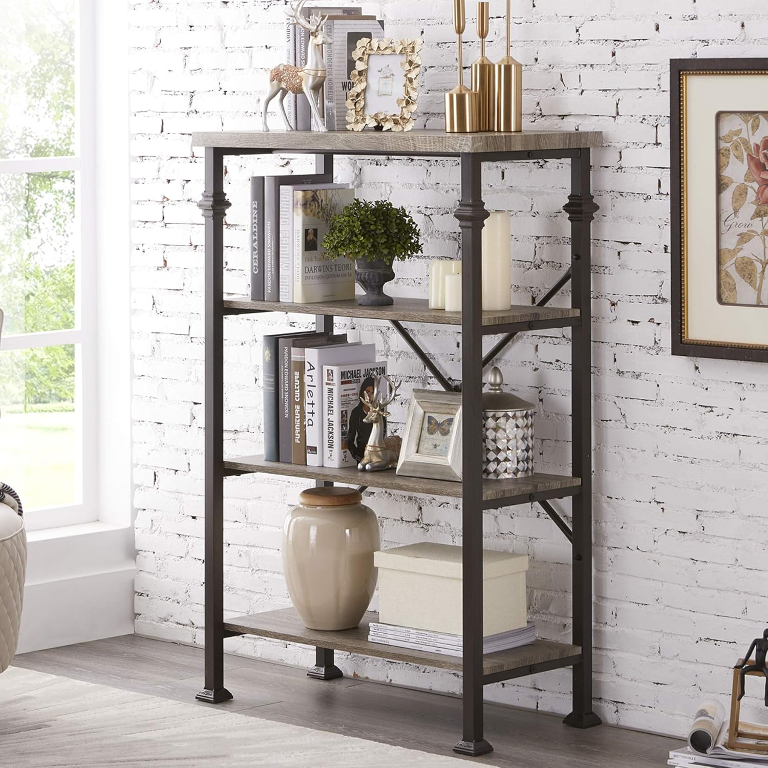 Hombazaar 4-Tier Industrial Bookcases, Vintage Open Etagere Bookshelf, Multi-Functional Shelf Units for Collection, Grey Oak: Furniture & Decor