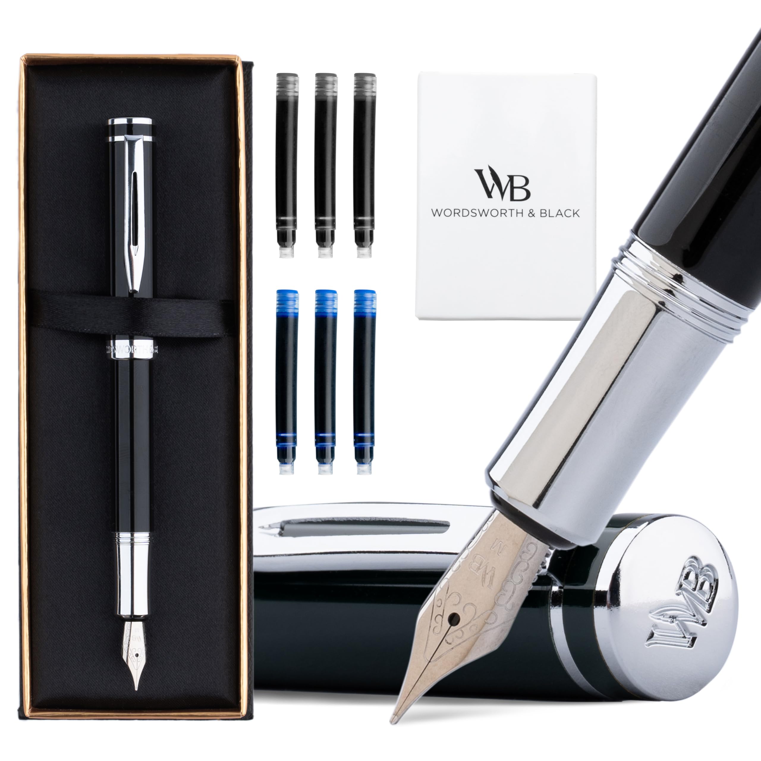 Wordsworth and Black Fountain Pen Mini EDC: Luxury Black Heavy Pocket Pen, Chrome Finish, Medium Nib, 6 Ink Cartridges, Ink Converter, Travel Refillable Writing Pen Gift Set, Men & Women