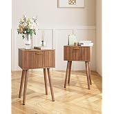 ASACESCU Night Stand Set 2, Modern Nightstand with Fluted Doors, Walnut | Small Side Table with Wood Legs, Mid-Century Modern