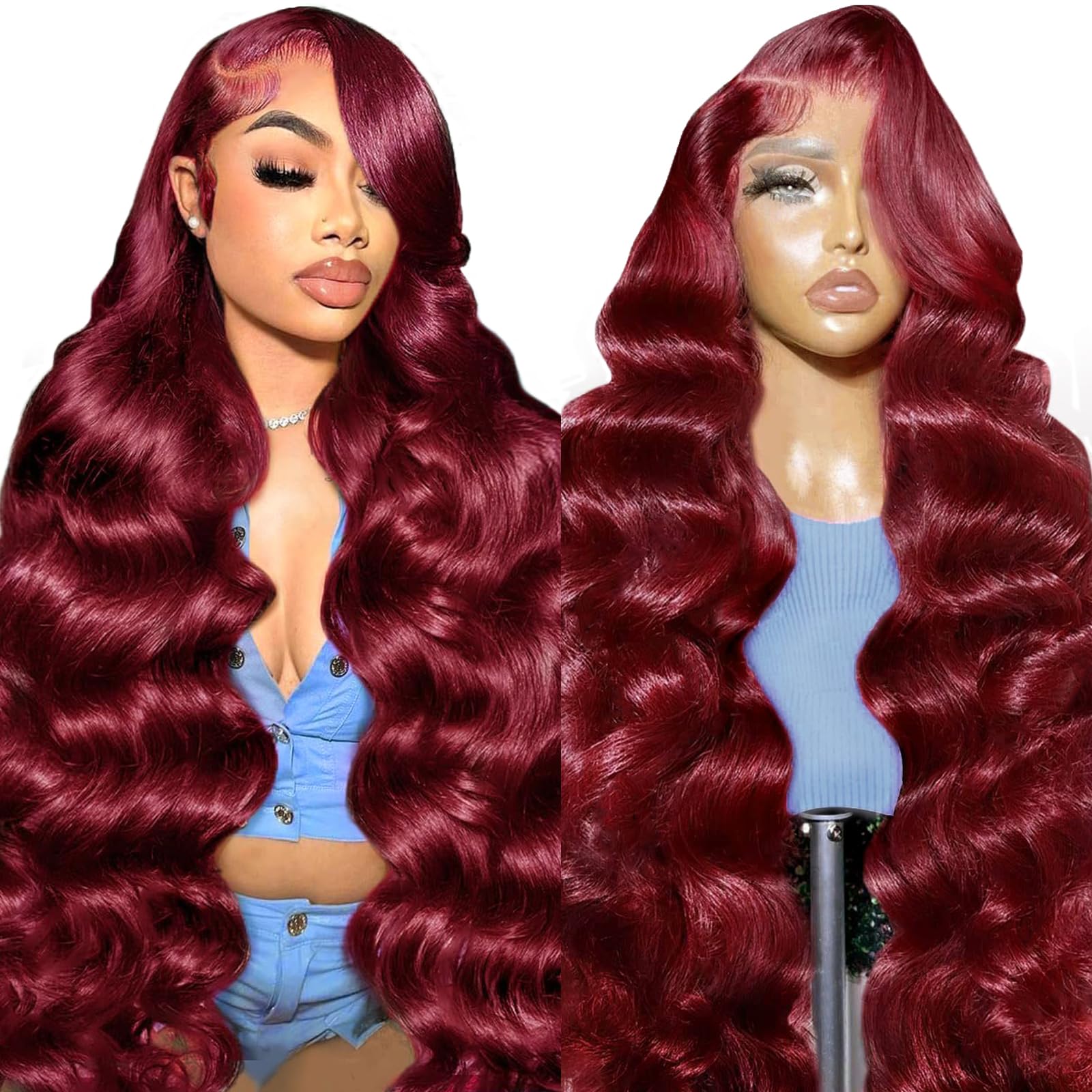 26 Inch 99J Burgundy Colored Body Wave Full 13x6 Lace Front Wigs Human Hair Pre Plucked Red Wine Body Wave HD Lace Frontal Brazilian Virgin Glueless Wigs Human Hair with Natural Hairline — image 1