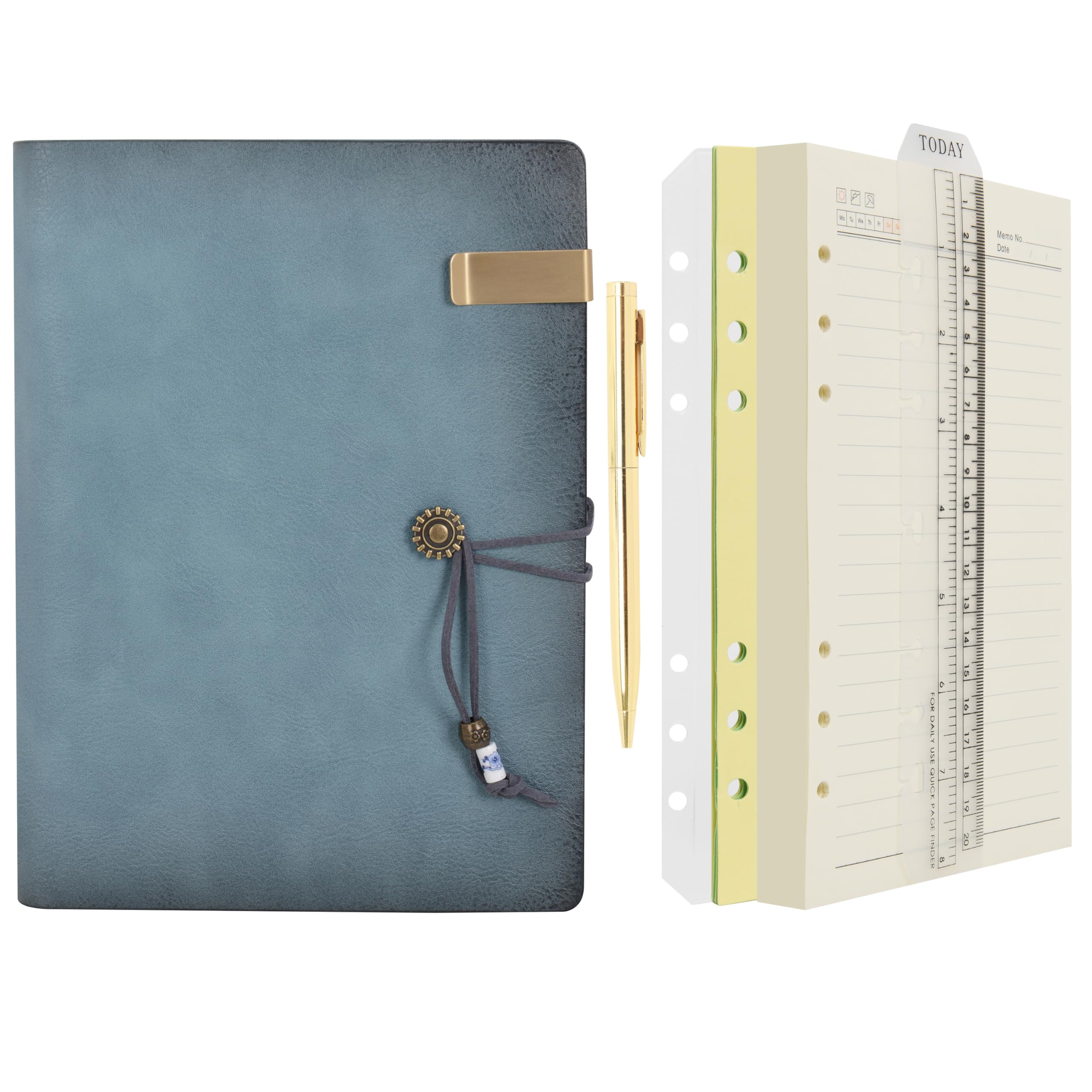 WONDERPOOL Leather Journal Lined Paper Notebook & Pen - Refillable 6 Ring Binder Writing Spiral Diary with Ruled Notepads Vintage Cover for Office Travel Work and Plan Agenda (a-Cyan, A5)