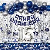 15th Birthday Decorations for Boys and Girls Blue Silver, Happy 15th Birthday Decorations Banner Birthday Balloons Number 15 Tablecloth Fringe Curtains Hanging Swirls, 15 Years Old Bday Party Supplies