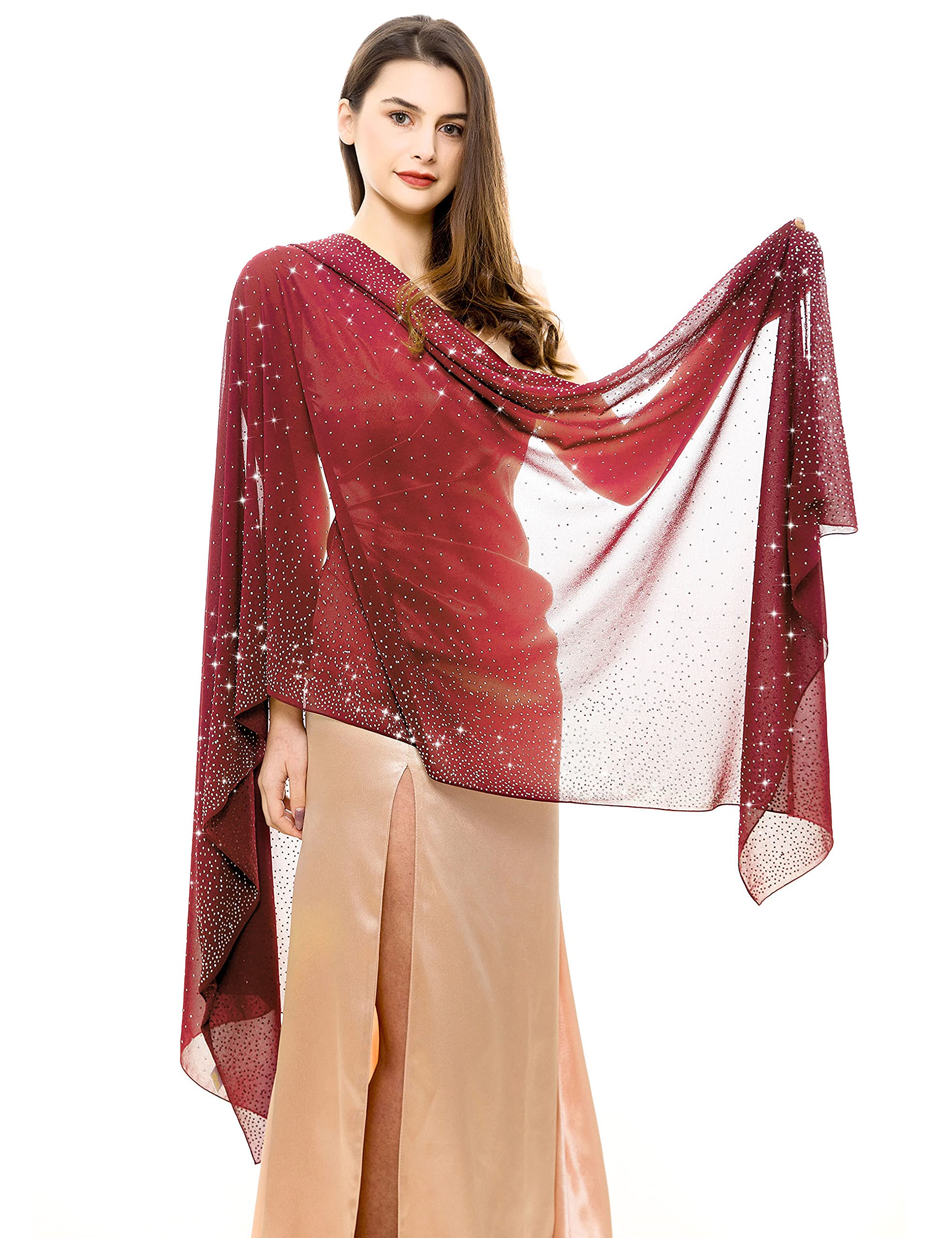Photo 1 of REEMONDE Womens Rhinestones Pashmina Shawls and Wraps for Evening Dresses Chiffon Shawl Sparkly Scarf (Red)